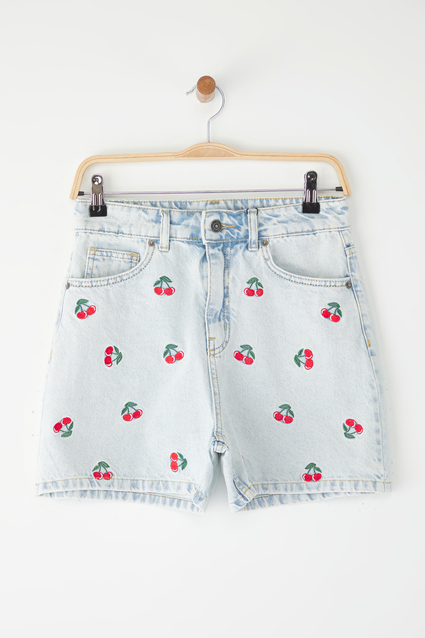 Mavi Kiraz Nakışlı Yüksek Bel City Boy Denim Şort TWOSS25SR00101 - 6