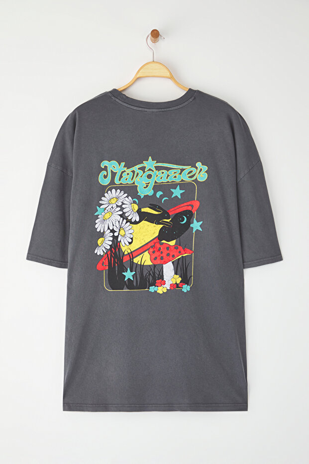 Büyük Beden Antrasit Oversize/Geniş Kesim Soluk Efekt Baskılı %100 Pamuk T-shirt TEDSS25BF00001 - 2