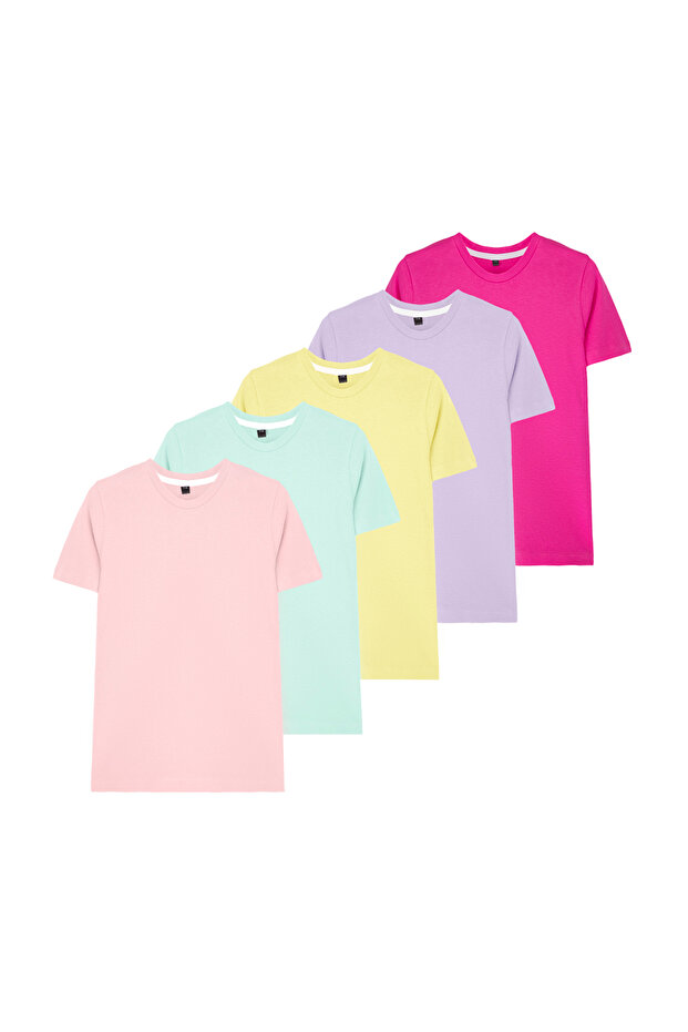 Çok Renkli Kız Çocuk %100 Pamuk Basic Kısa Kol Örme T-shirt TKDSS25TS00044 - 1