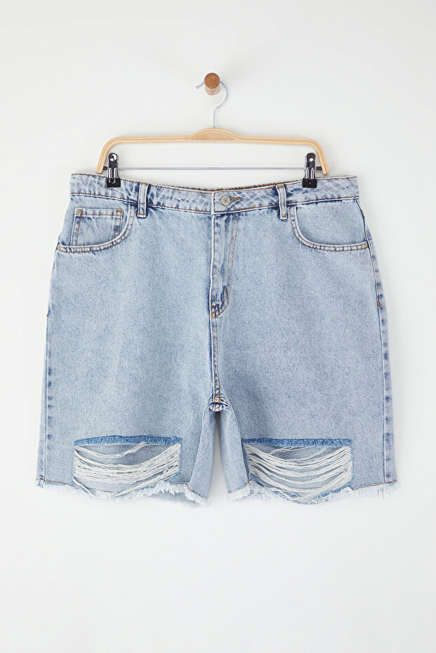Mavi Yüksek Bel Destroy Detaylı Büyük Beden Denim Şort TBBSS25AP00034 - 5