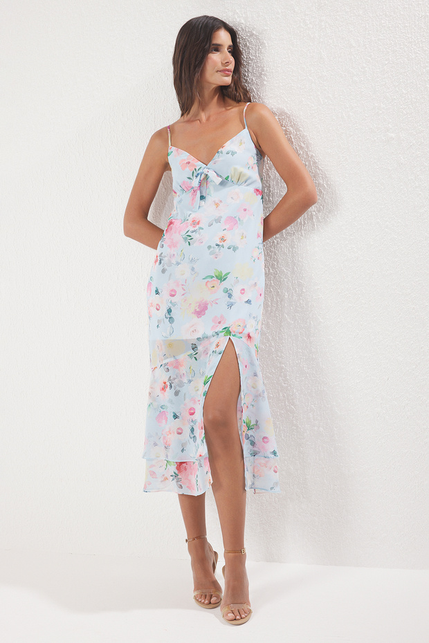 Açık Mavi Çiçekli Maxi Dokuma Elbise TWOSS25EL00658 - 2