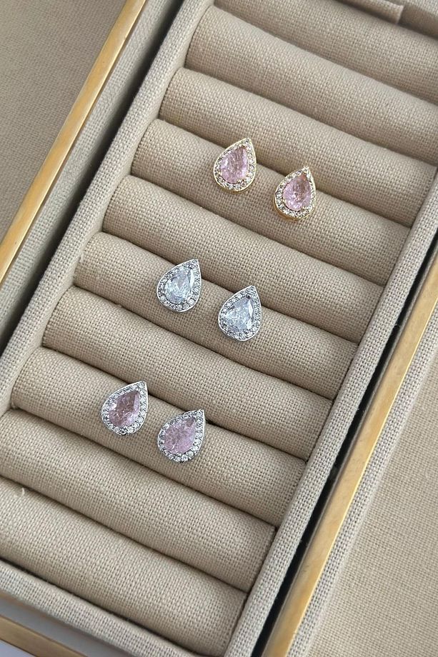 Zirkon Taş Detaylı Tek Taş Damla Minimal Küpe Pembe - 1