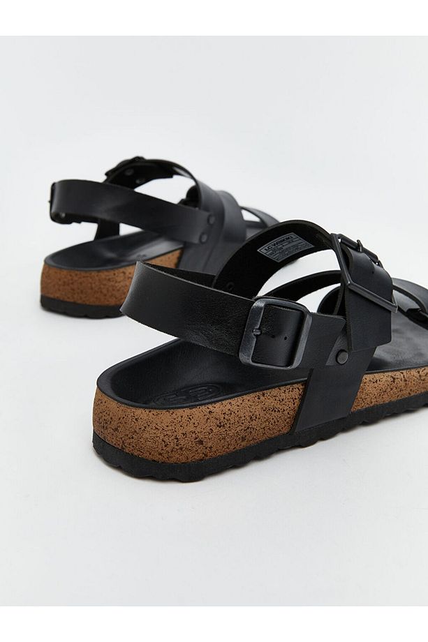 LCW STEPS Siyah Deri Görünümlü Erkek Sandalet - 5