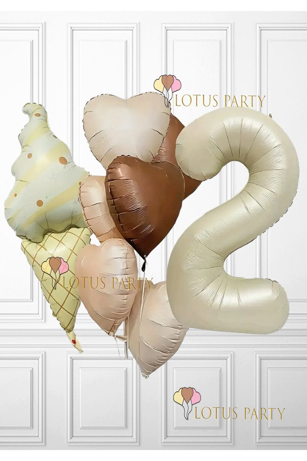 Retro Ice Cream Themed Balloon Set - Retro Ice Cream - Brown Heart Foil Balloon - Cream Number Age