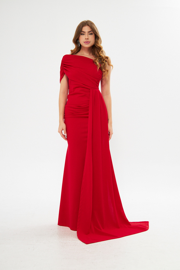 Red Flexible Fabric One Shoulder Side Train Detailed Fish Cut Evening Dress and Graduation Dress 582108 684