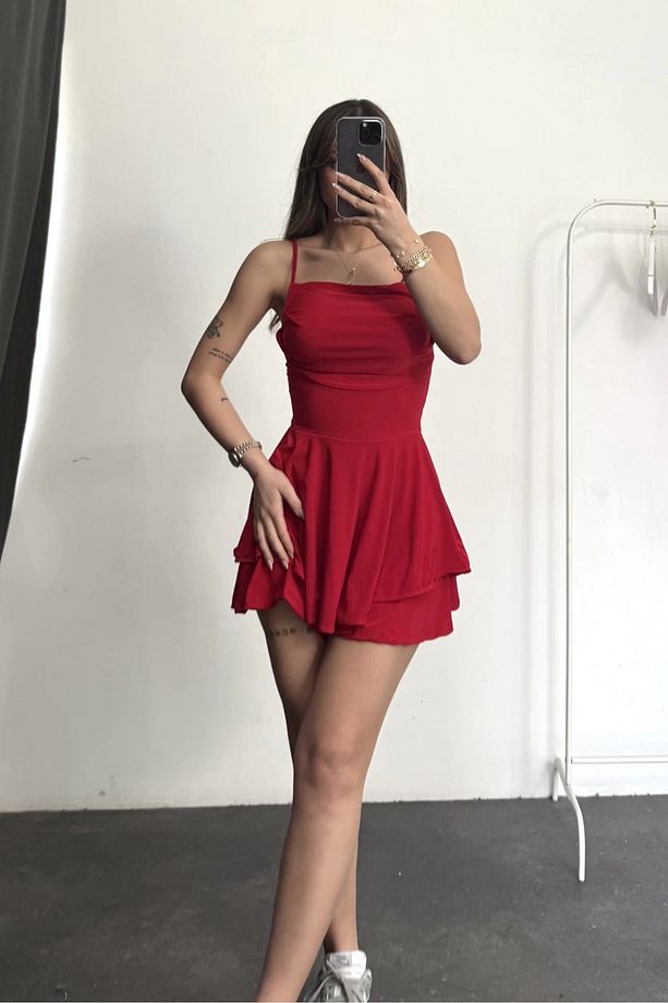 Askılı Şort Etekli Mini Elbise - 2