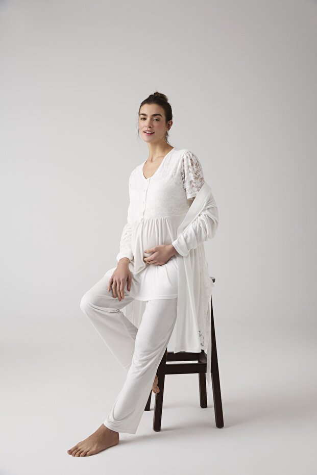 Ecru Special Design Lace Maternity Pajama Set with Dressing Gown