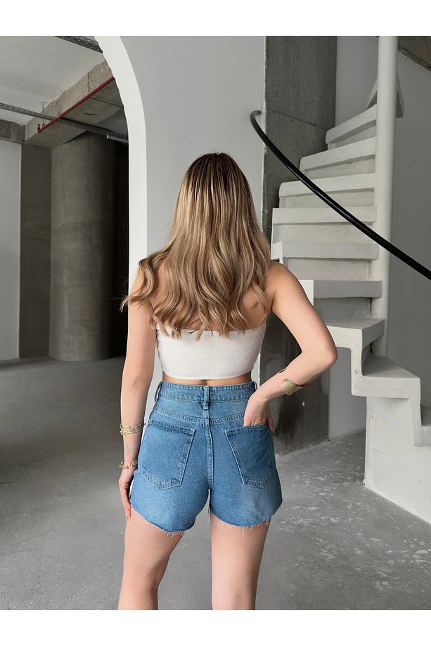Kadın Mavi Lazer Kesim Yüksek Bel Kot Şort - 8