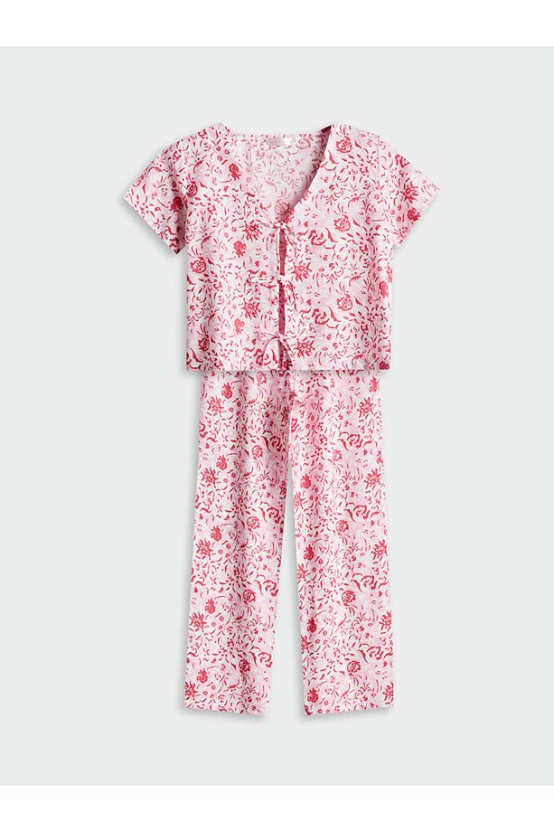 LCW DREAM Ekru V Yaka Desenli Kadın Pijama Takımı - 1