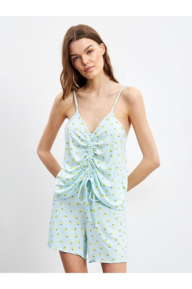LCW DREAM Mavi V Yaka Desenli Kadın Şortlu Pijama Takımı - 2