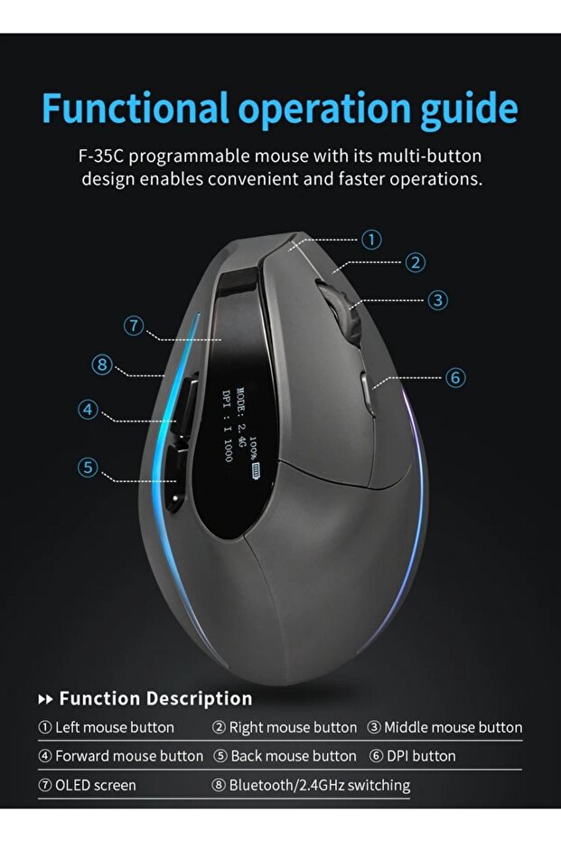F-35C Dikey Ergonomik Bluetooth Led Ekran Mouse 4000DPI - 3