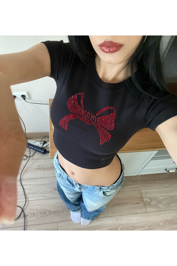 Belt Length Ribbon Red Stone Printed Crop