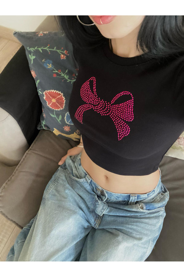 Belt Length Ribbon Pink Stone Printed Crop
