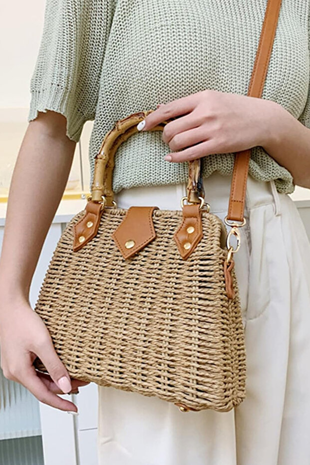Bone Bamboo Handle Lined Mini Bohemian Knitted Holiday Beach Straw Summer Shoulder Handbag