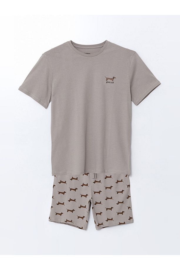 Bej Standart Kalıp Erkek Şortlu Pijama Takımı - 1