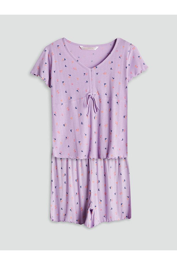 LCW DREAM Lila V Yaka Çiçekli Kadın Şortlu Pijama Takımı - 1