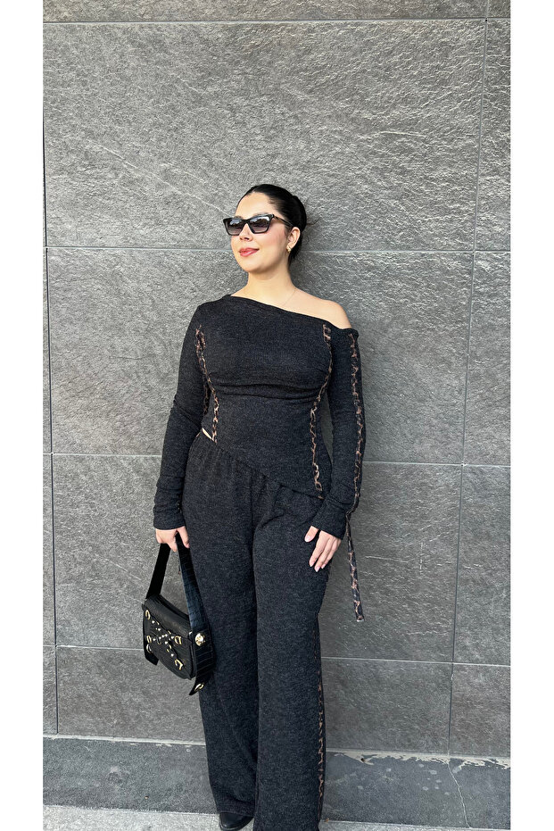 Leopar Şeritli Siyah Örme Bluz Takım - 2