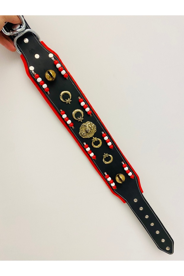 Kangal Dog Collar - Lion Head Beaded Genuine Leather with 2 Bells