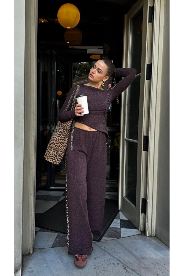 Leopar Şeritli Siyah Örme Bluz Takım - 4