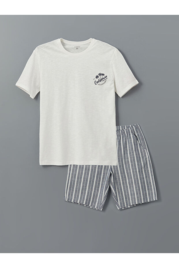 Ekru Standart Kalıp Erkek Şortlu Pijama Takımı - 4