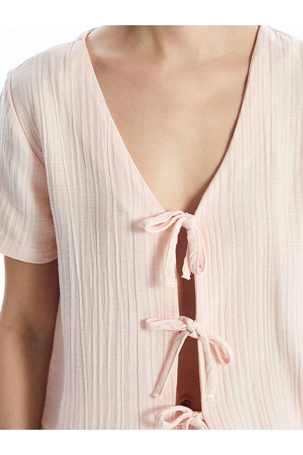 V Yaka Müslin Kadın Şortlu Pijama Takımı - 3