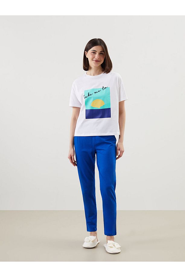 LCW DREAM Mavi Bisiklet Yaka Baskılı Kadın Pijama Takımı - 1