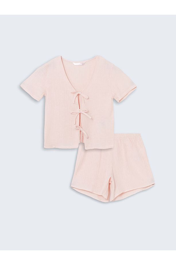 V Yaka Müslin Kadın Şortlu Pijama Takımı - 5