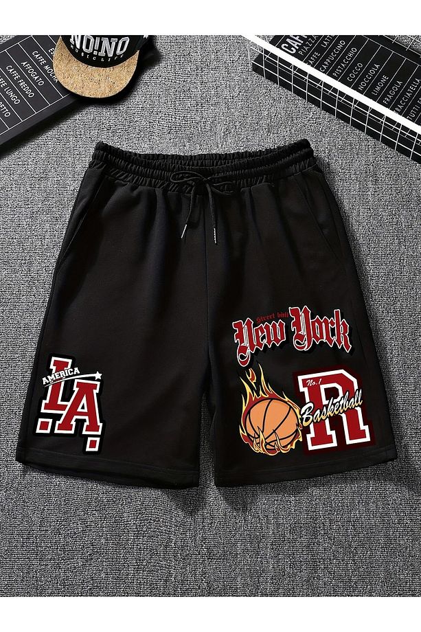 Erkekler için Günlük LA & NYC Basketbol Baskılı İpli Şortlar - %100 Polyester - 1