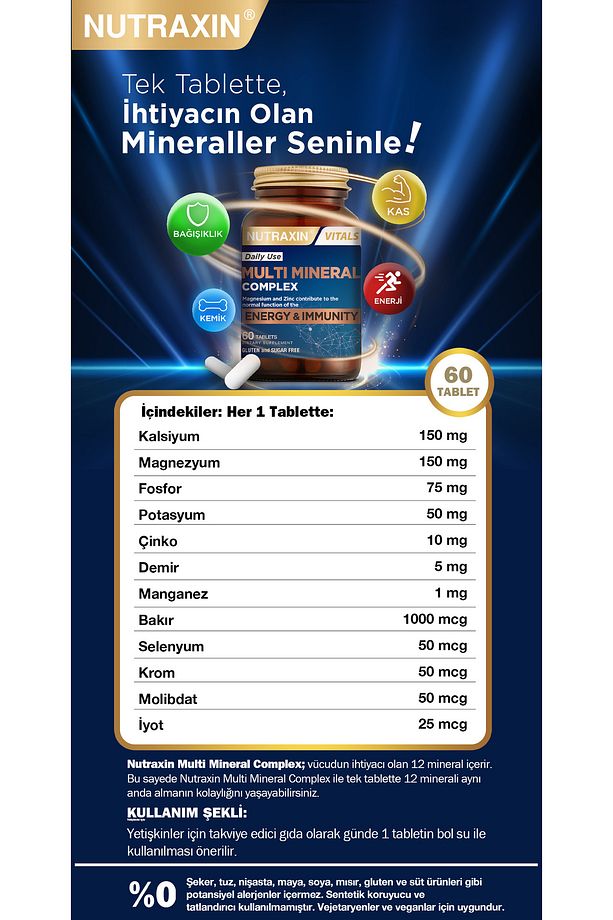 Multi Mineral Complex 60 Tablet Magnezyum, Kalsiyum, Çinko, Demir, İyot, Krom - 7