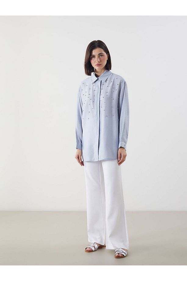 LCW Modest Mavi Taşlı Oversize Kadın Gömlek Tunik - 2