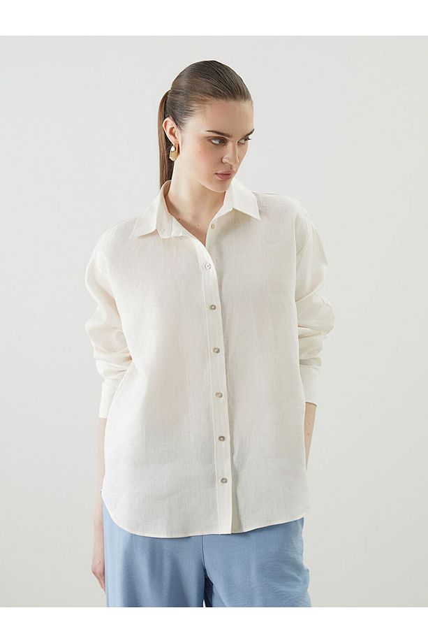 LCW Vision Ekru Oversize Keten Kadın Gömlek - 2
