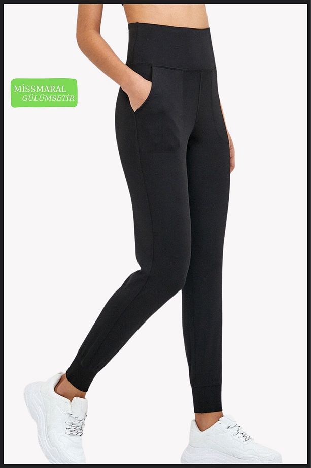 Kadın Eşofman Alt Siyah Curve Jogger Dalgıç Kumaş Yüksek Bel Çift Cepli Joggers 1061 - 4
