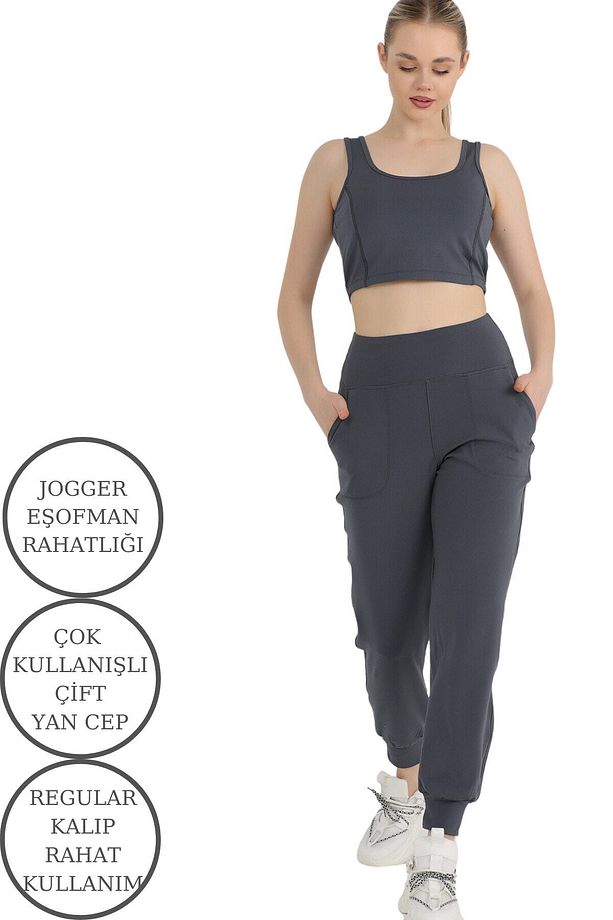 Kadın Curve Eşofman Alt Antrasit Jogger Dalgıç Kumaş Yüksek Bel Çift Cepli Joggers 1061 - 6