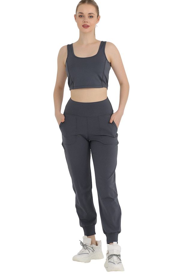 Kadın Curve Eşofman Alt Antrasit Jogger Dalgıç Kumaş Yüksek Bel Çift Cepli Joggers 1061 - 7