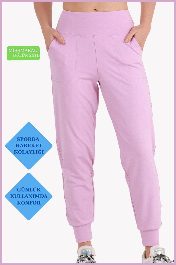 Kadın Curve Eşofman Alt Lila Jogger Dalgıç Kumaş Yüksek Bel Çift Cepli Joggers 1061 - 4
