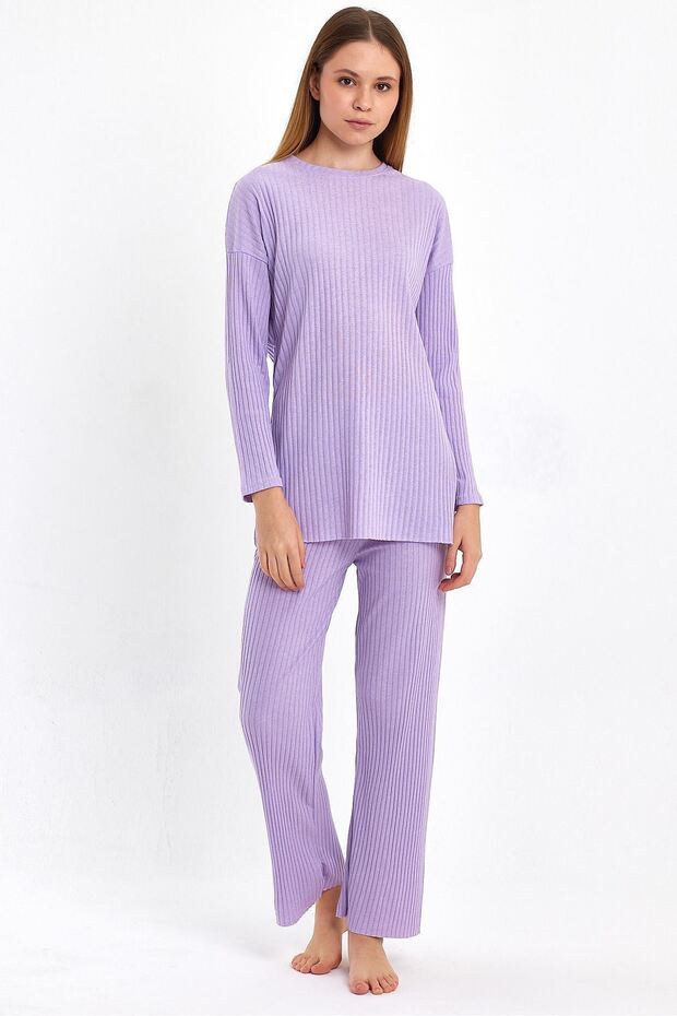 Women's Lilac Women's Ribbed Report & Sweatpants, Casual Home Wear Pajamas Set
