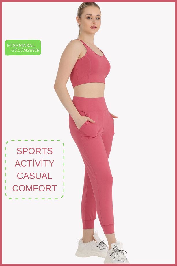 Kadın Curve Eşofman Alt Gül Kurusu Jogger Dalgıç Kumaş Yüksek Bel Çift Cepli Joggers 1061 - 6