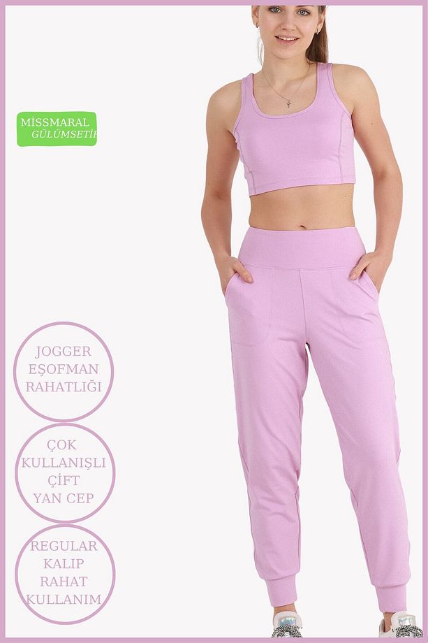 Kadın Curve Eşofman Alt Lila Jogger Dalgıç Kumaş Yüksek Bel Çift Cepli Joggers 1061 - 1