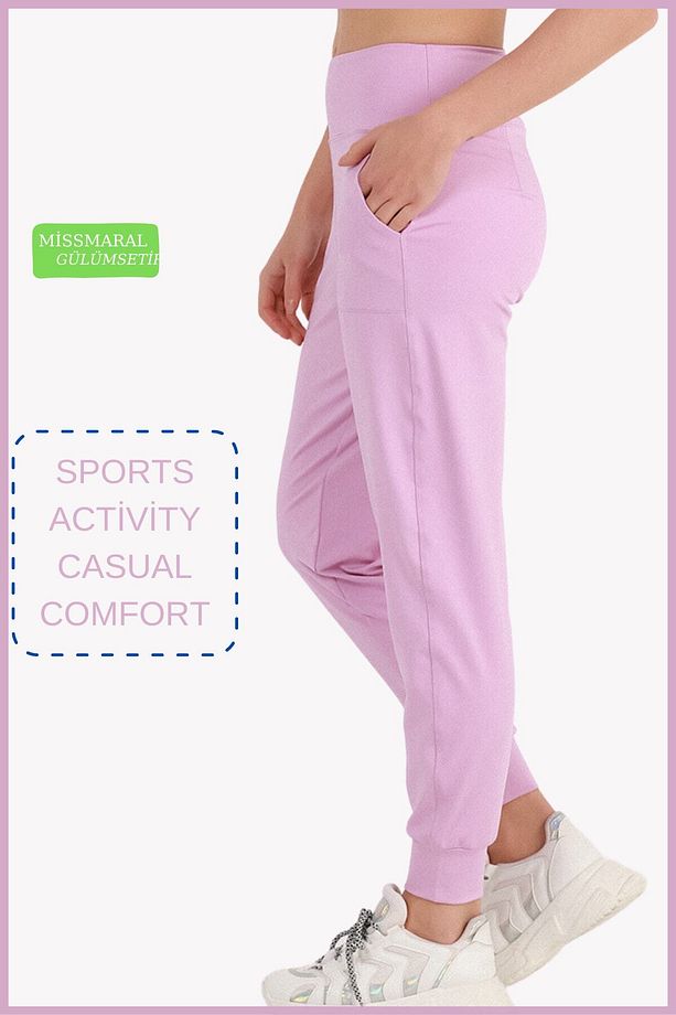 Kadın Curve Eşofman Alt Lila Jogger Dalgıç Kumaş Yüksek Bel Çift Cepli Joggers 1061 - 6