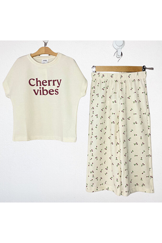 Cherry Patterned Waffle Fabric Ecru Double Set - 1