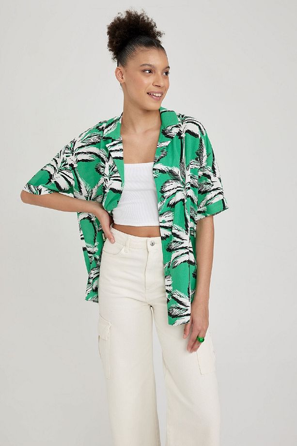 Oversize Desenli Pijama Yaka Kısa Kollu Gömlek A9483ax23sm - 4