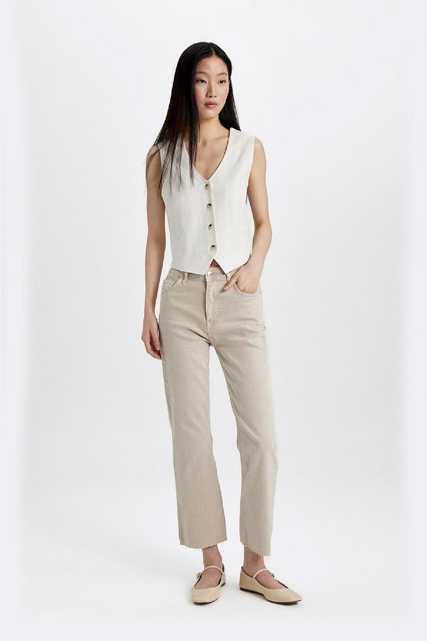 Crop Flare Fit Yüksek Bel Paça Ucu Kesik Dokuma Pantolon B5014AX24SM - 4
