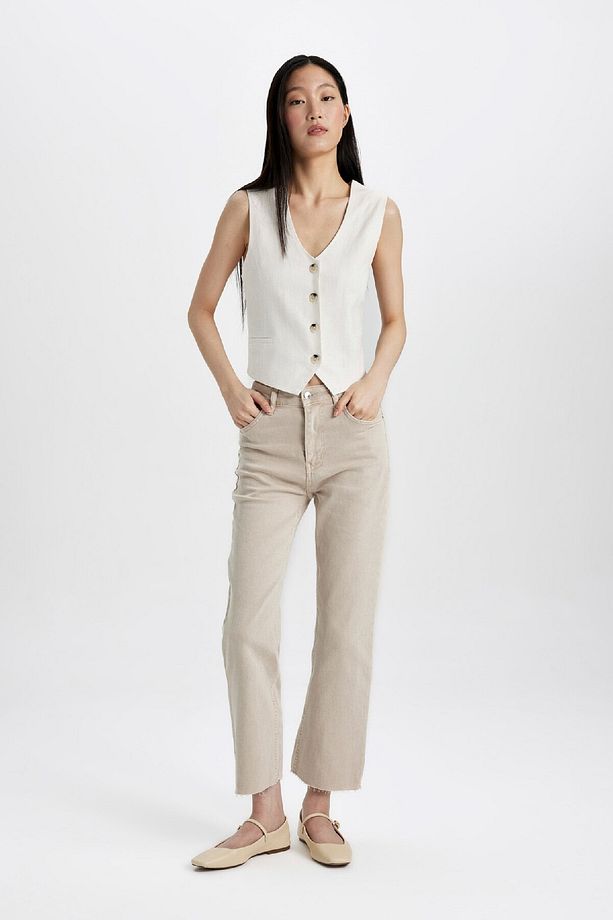 Crop Flare Fit Yüksek Bel Paça Ucu Kesik Dokuma Pantolon B5014AX24SM - 3