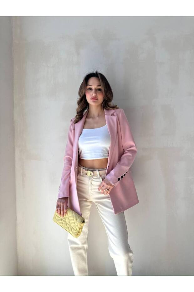 Light Pink Double Breasted Collar Buttoned Blazer Jacket