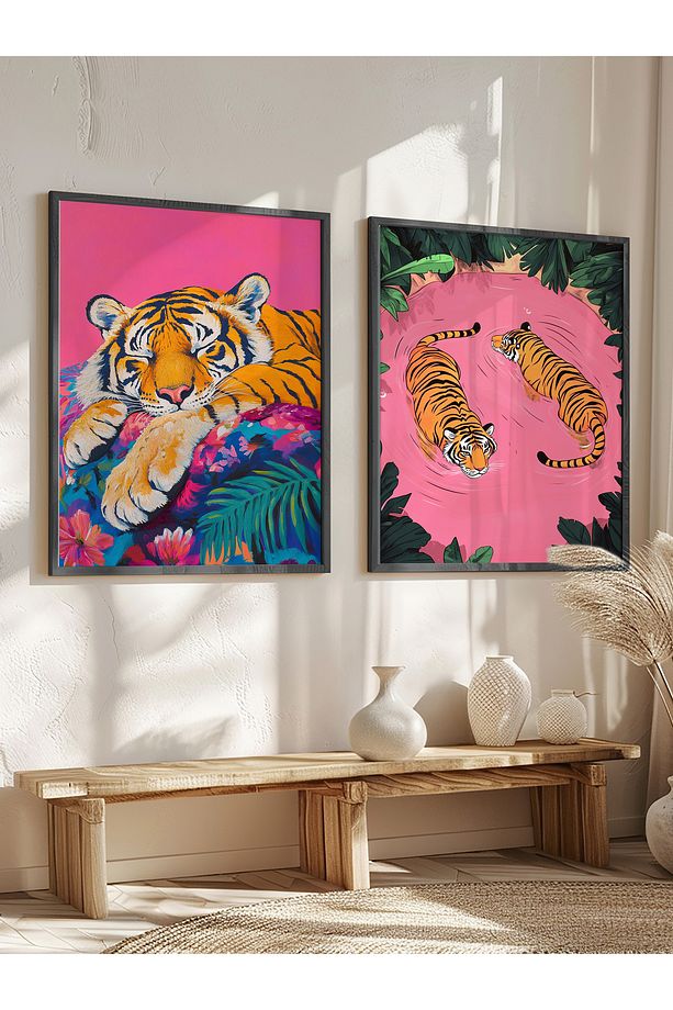 Kaplanlı tablo, kaplanlı illustrasyon siyah ahşap çerçeveli 2'li pembe tablo seti Yuna101 - 3