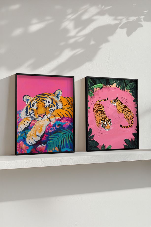 Kaplanlı tablo, kaplanlı illustrasyon siyah ahşap çerçeveli 2'li pembe tablo seti Yuna101 - 1