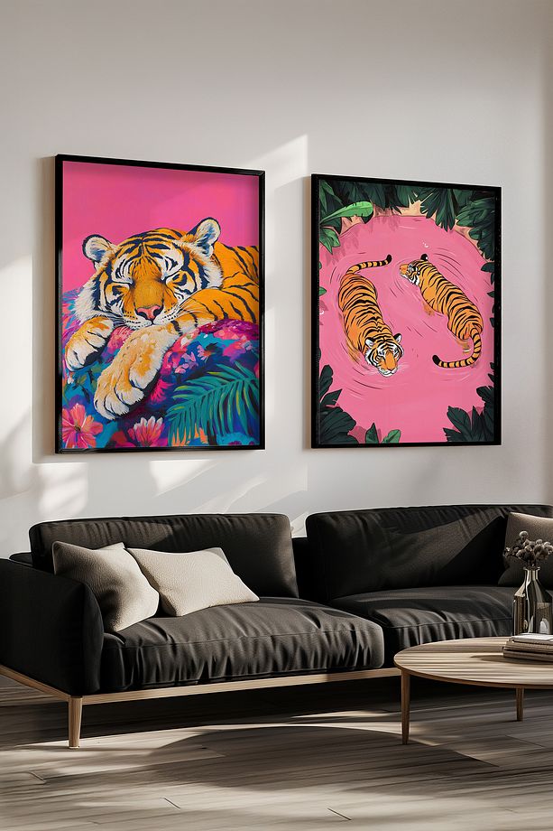 Kaplanlı tablo, kaplanlı illustrasyon siyah ahşap çerçeveli 2'li pembe tablo seti Yuna101 - 2