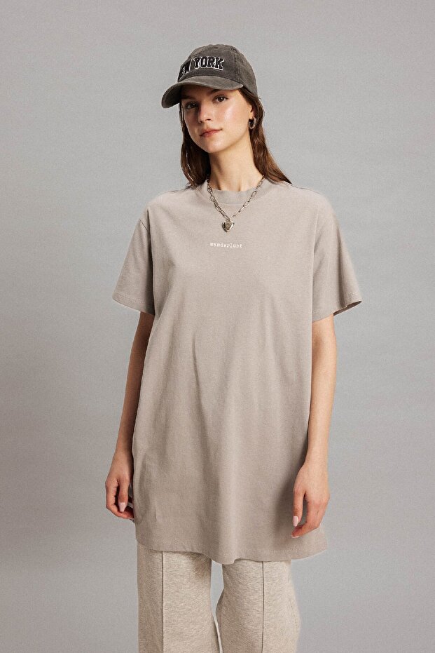 Regular Fit Bisiklet Yaka Baskılı Kısa Kollu Tişört Tunik C0409ax24sp - 1