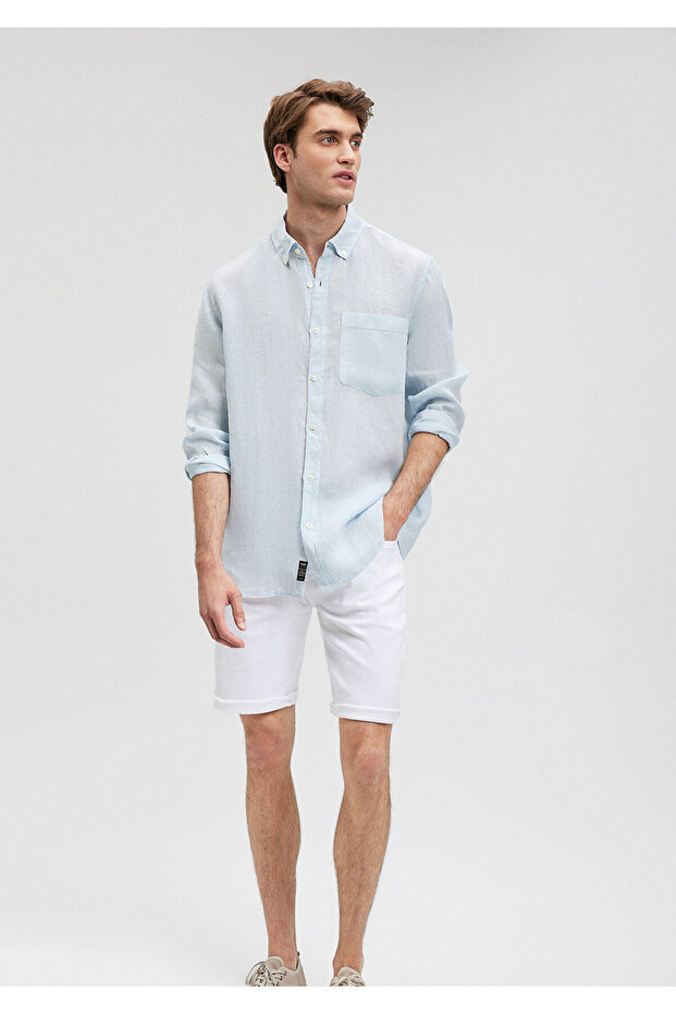 Blue Linen Blended Regular Fit Shirt -0211051-70795