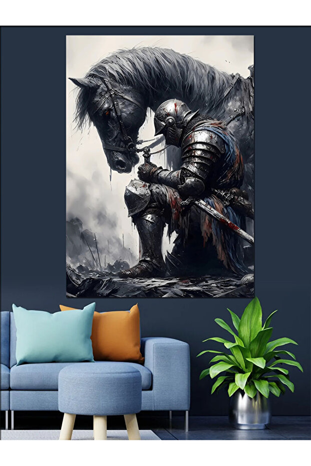 Siyah At Ve Şövalye Dekoratif Kanvas - Mdf Ahşap Tablo - 1